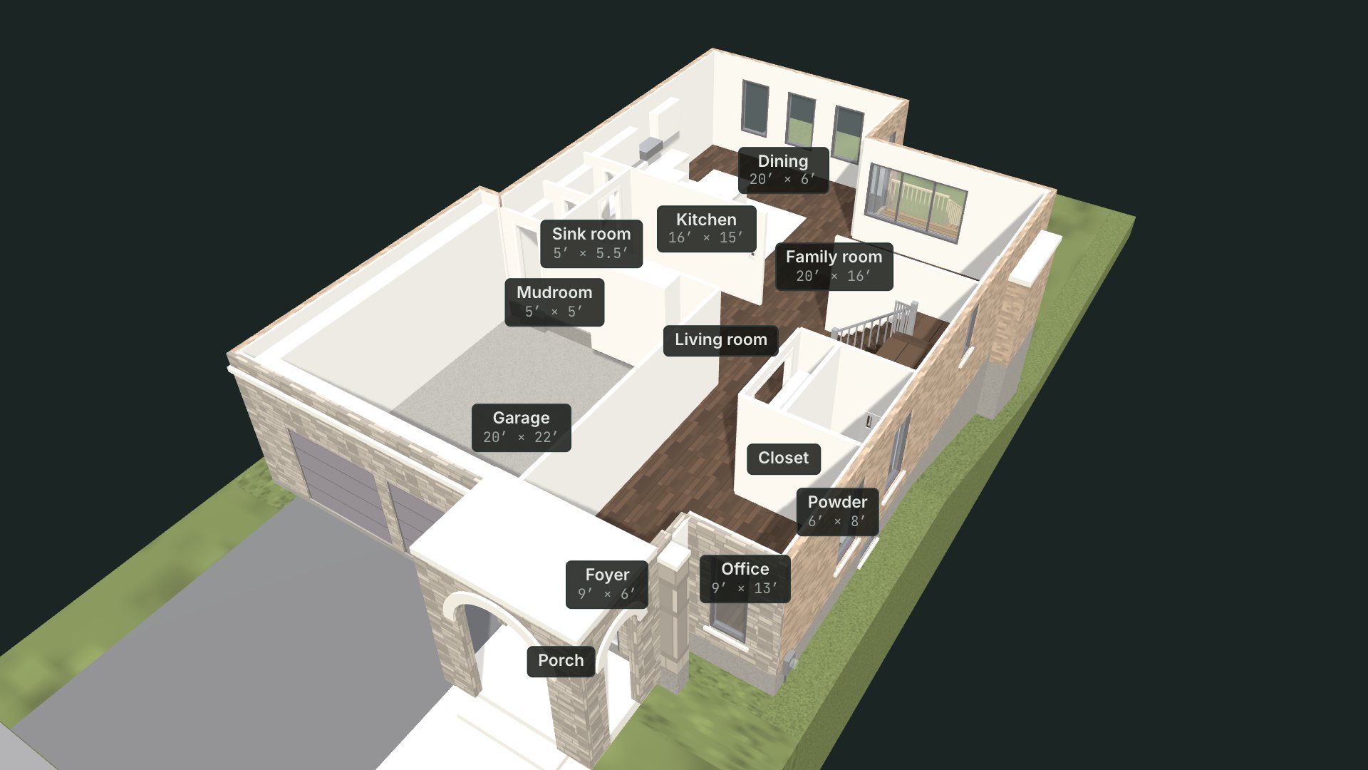3D model of the main floor with labelled rooms