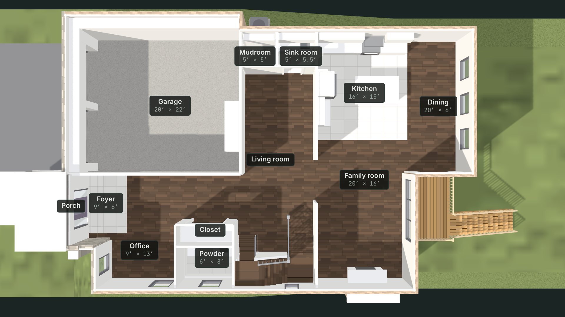 Plan view of the main floor with room labels and sizes